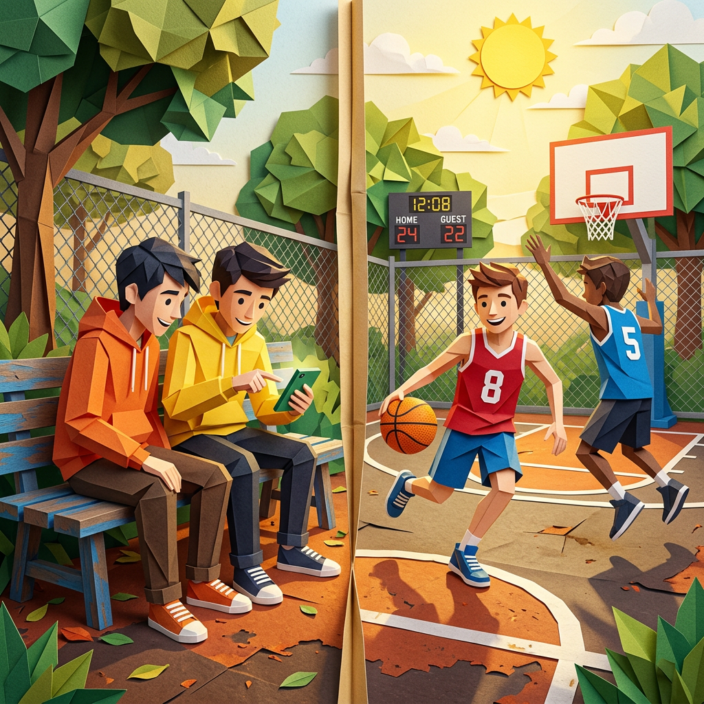 Two boys sitting on a bench watching a basketball game with two players on the court.