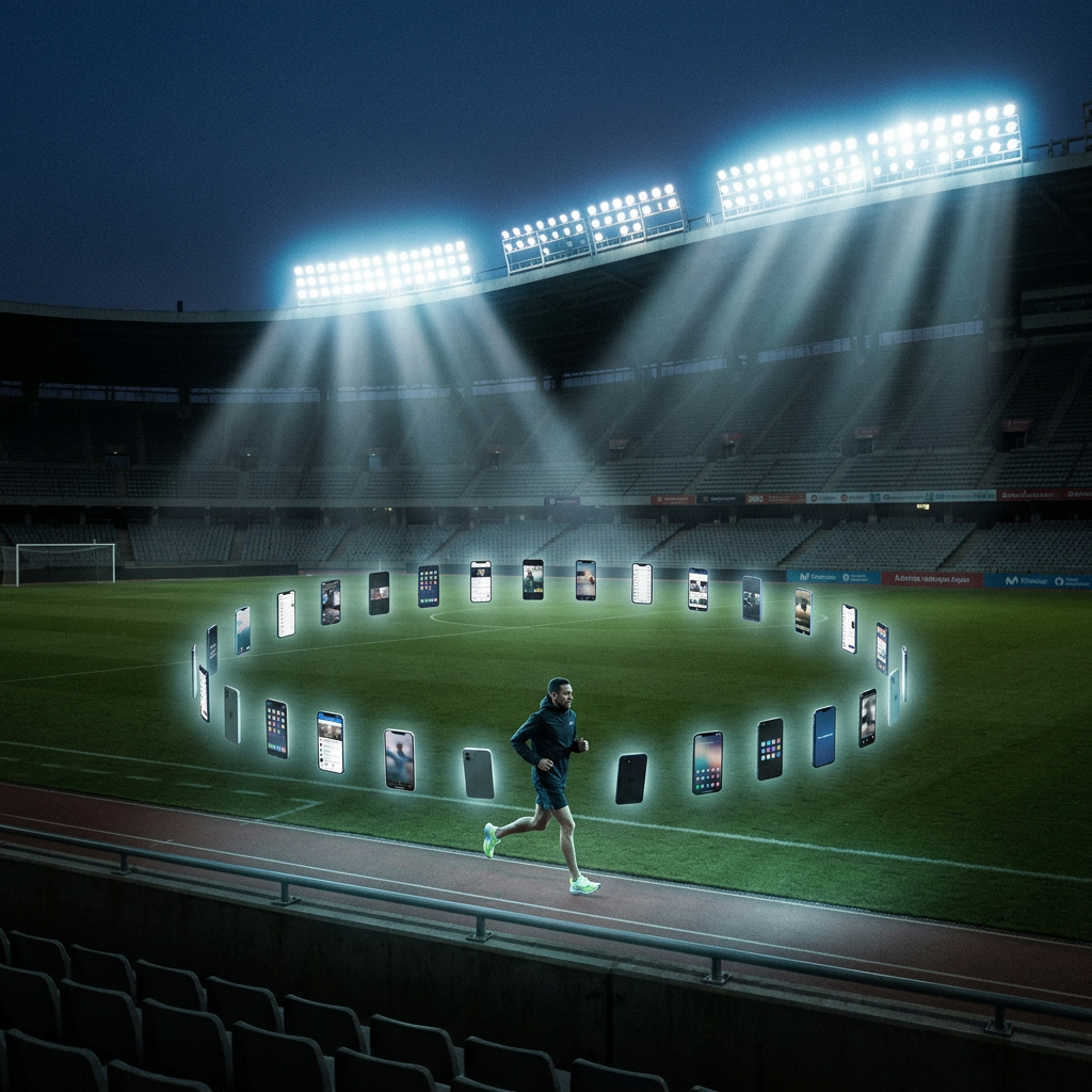 Man jogging on stadium track near a circle of illuminated floating smartphones on grass field under stadium lights at night