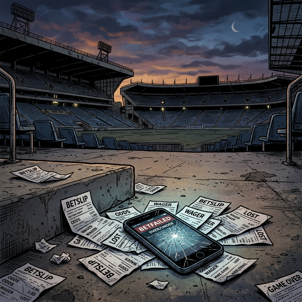 Empty sports stadium with scattered bet slips and a cracked phone displaying 'BET FAILED' message