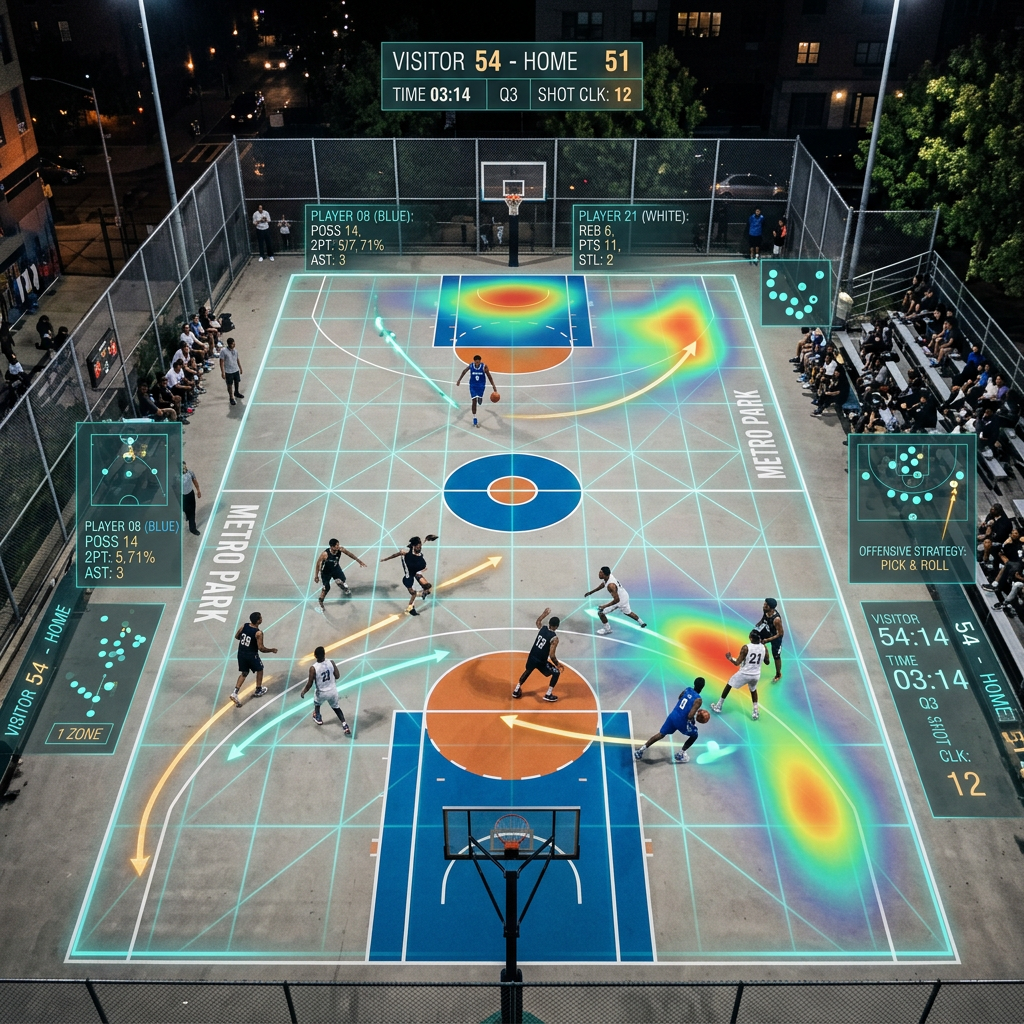 Basketball court with players, heatmaps, and game statistics overlays