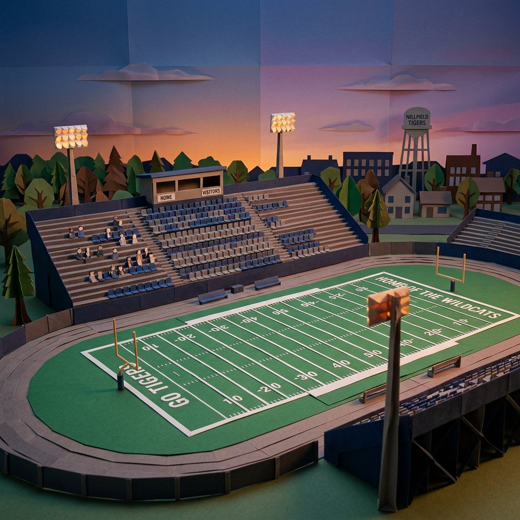 Miniature football stadium model with stands, field markings, and tiny spectators under evening sky