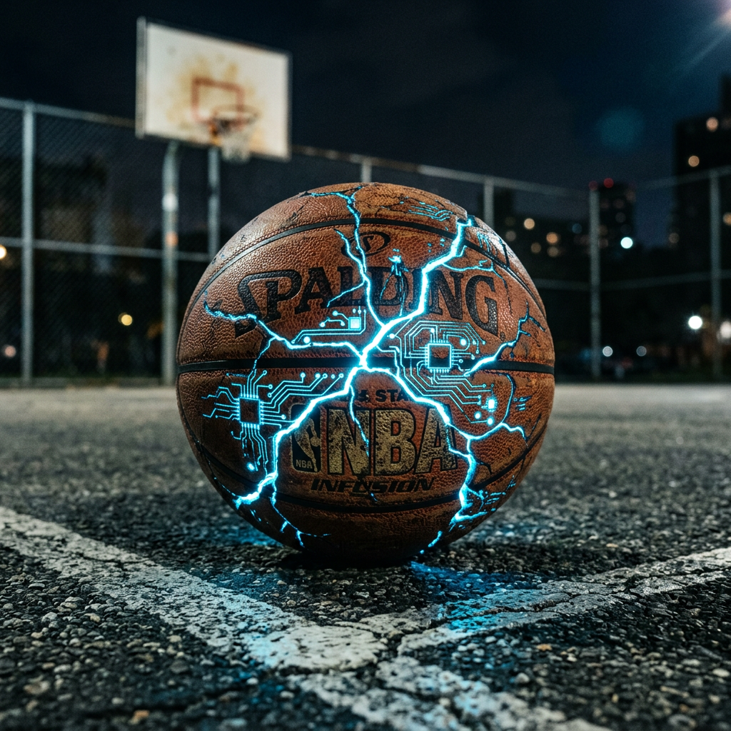 Basketball with glowing blue electric circuit patterns on outdoor court at night