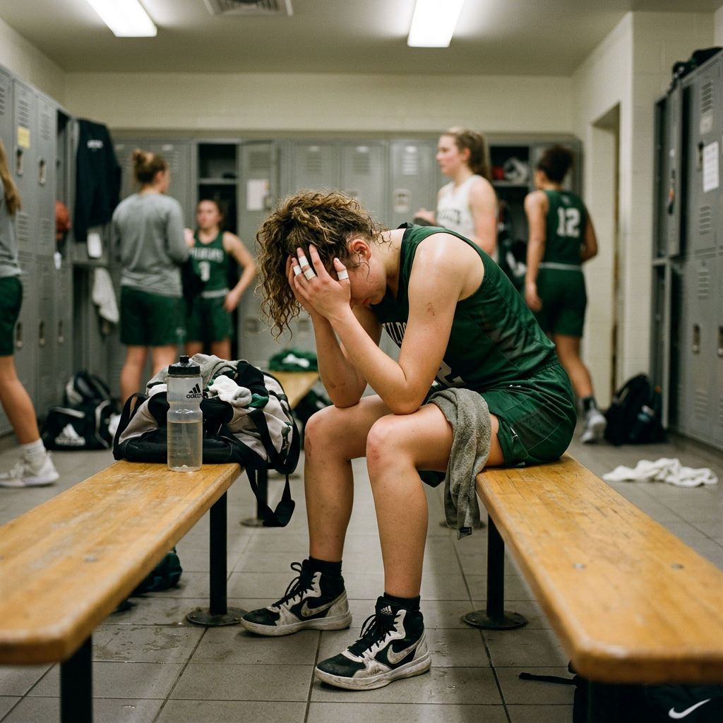 Basketball player sitting on bench with head in hands in locker room