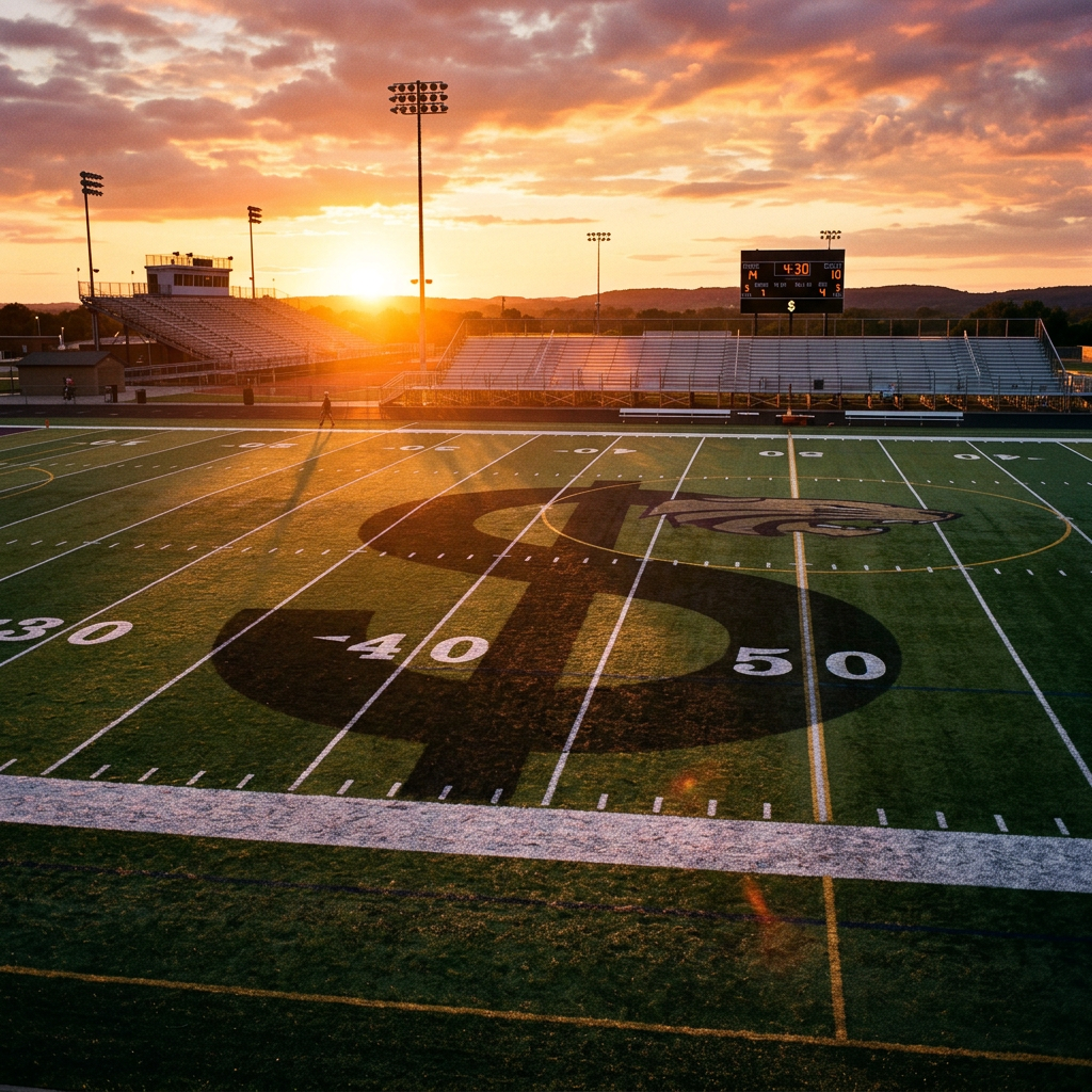 High school football field with large logo at center and scoreboard showing scores