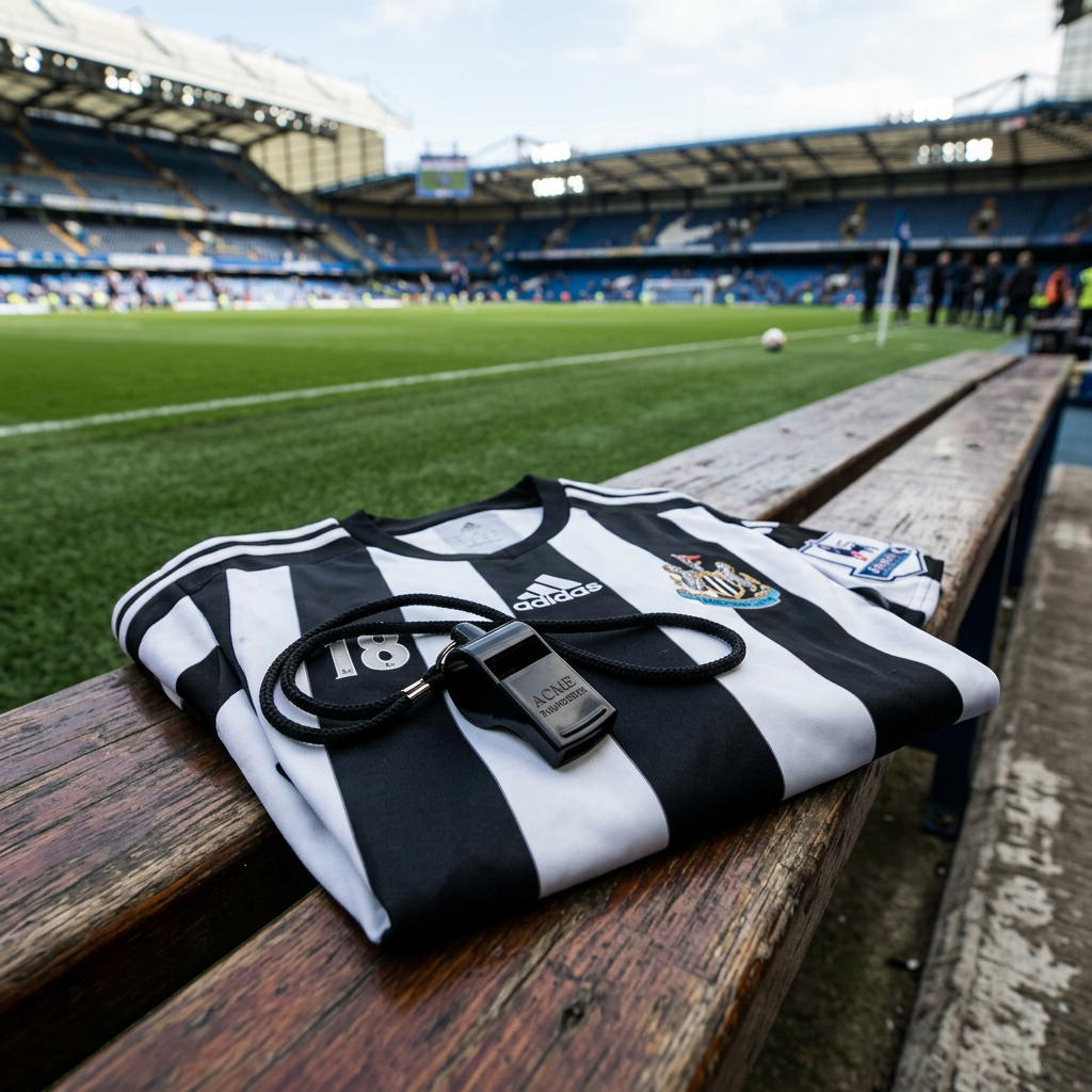 Black and white striped Newcastle United football jersey with Adidas logo and club crest folded on wooden bench with referee whistle