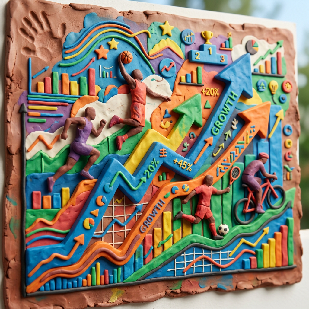 Clay artwork showing athletes playing basketball, running, cycling alongside colorful growth charts with arrows and statistics