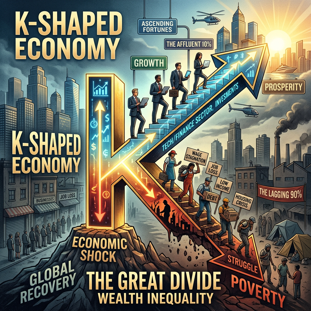 K-shaped economy illustration showing growing wealth for affluent 10% and decline for lagging 90% with labels of prosperity and poverty