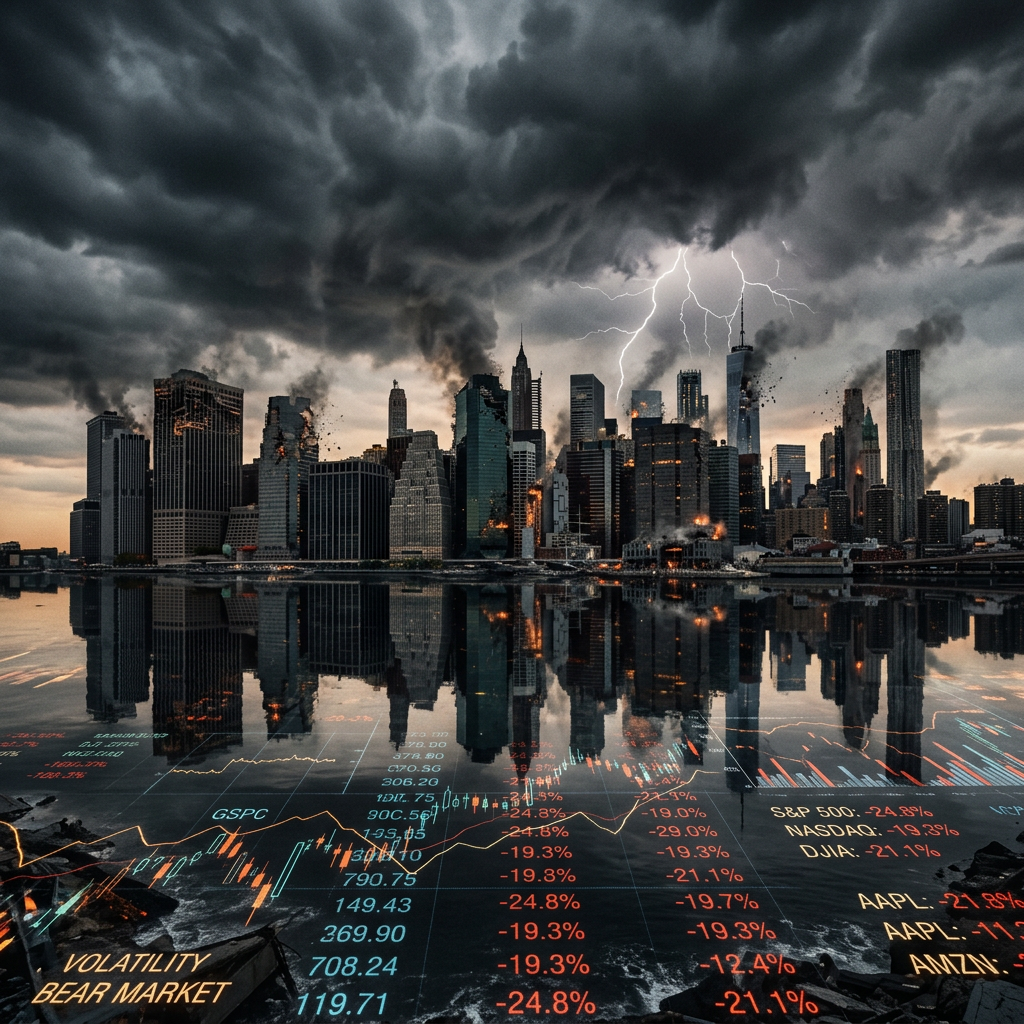 City skyline under stormy clouds with lightning and stock market decline data overlay