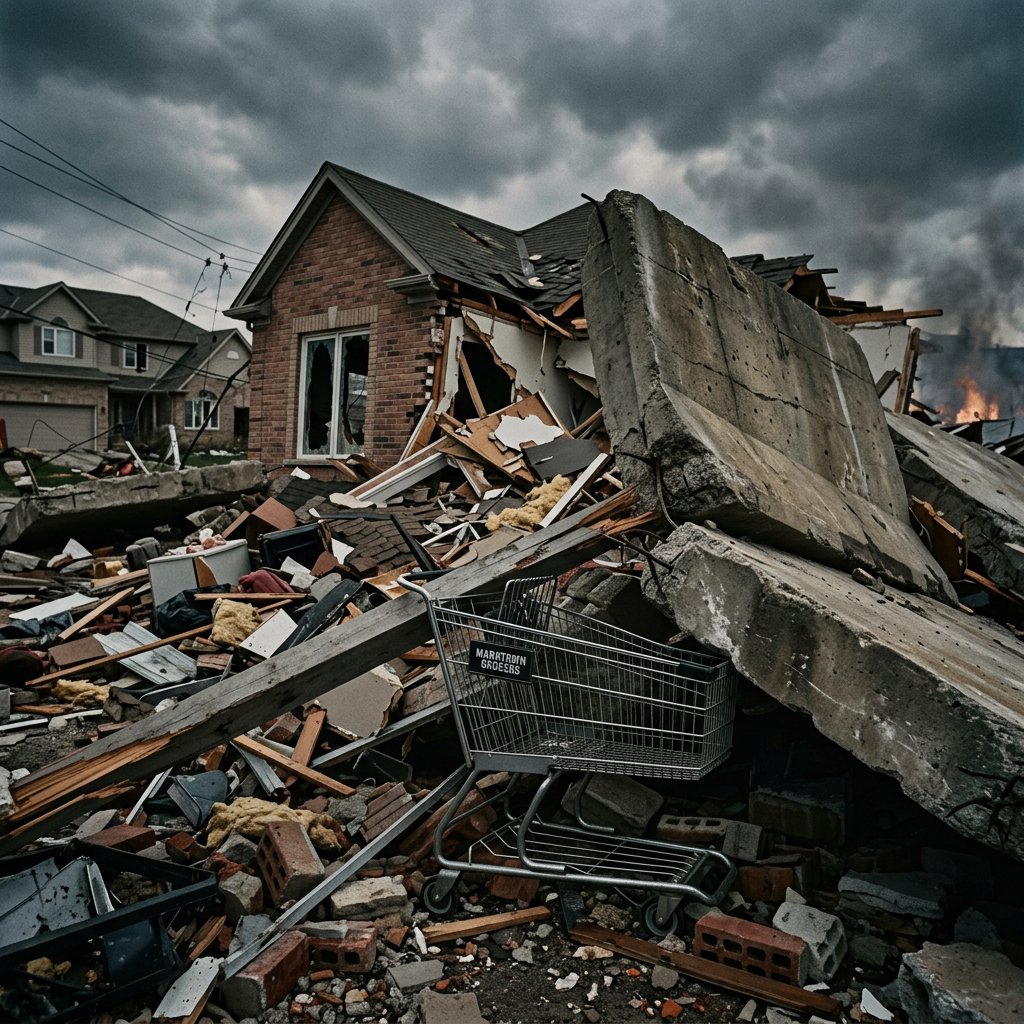 Damaged house with debris, broken windows, collapsed concrete slab, and a shopping cart