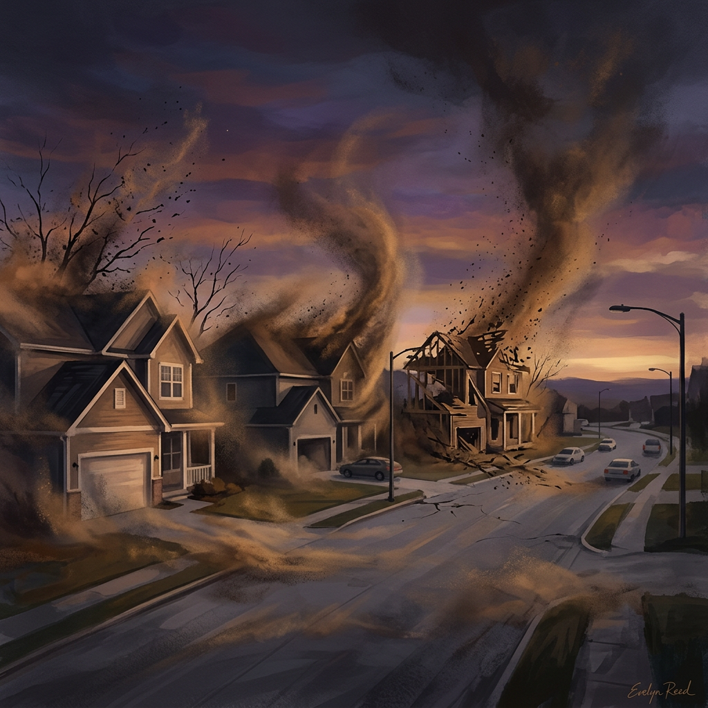 Tornadoes damaging houses in a suburban neighborhood at sunset with debris flying.