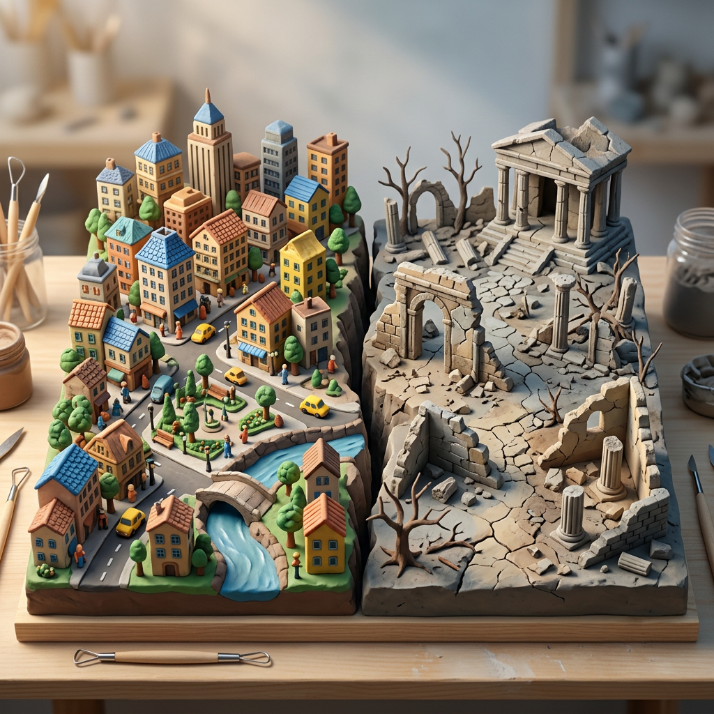 Miniature model of a colorful modern city with buildings, cars, and trees next to a gray cracked ancient ruin with broken columns and leafless trees