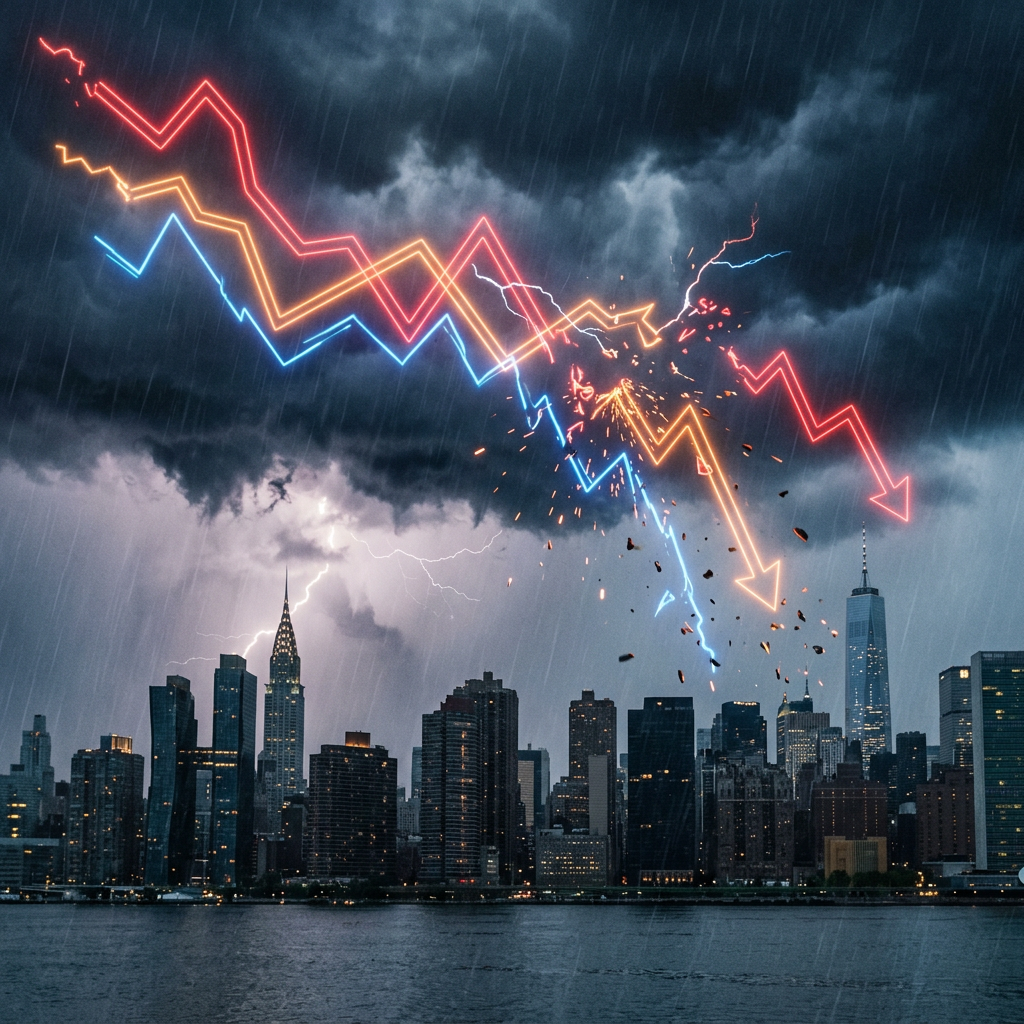 City skyline under stormy sky with lightning and breaking neon financial graphs