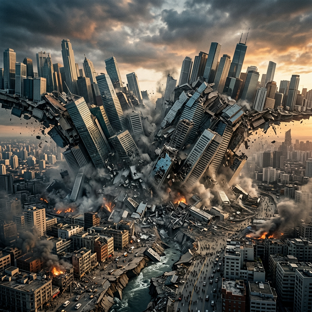 Skyscrapers collapsing and breaking apart in a city with fire, smoke, and rubble