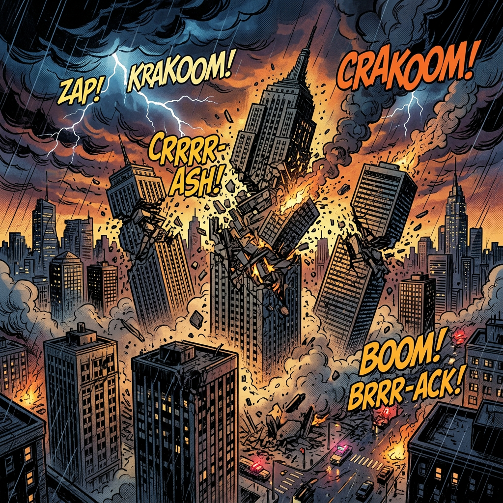 Skyscrapers exploding and crumbling in a city during a violent storm with lightning