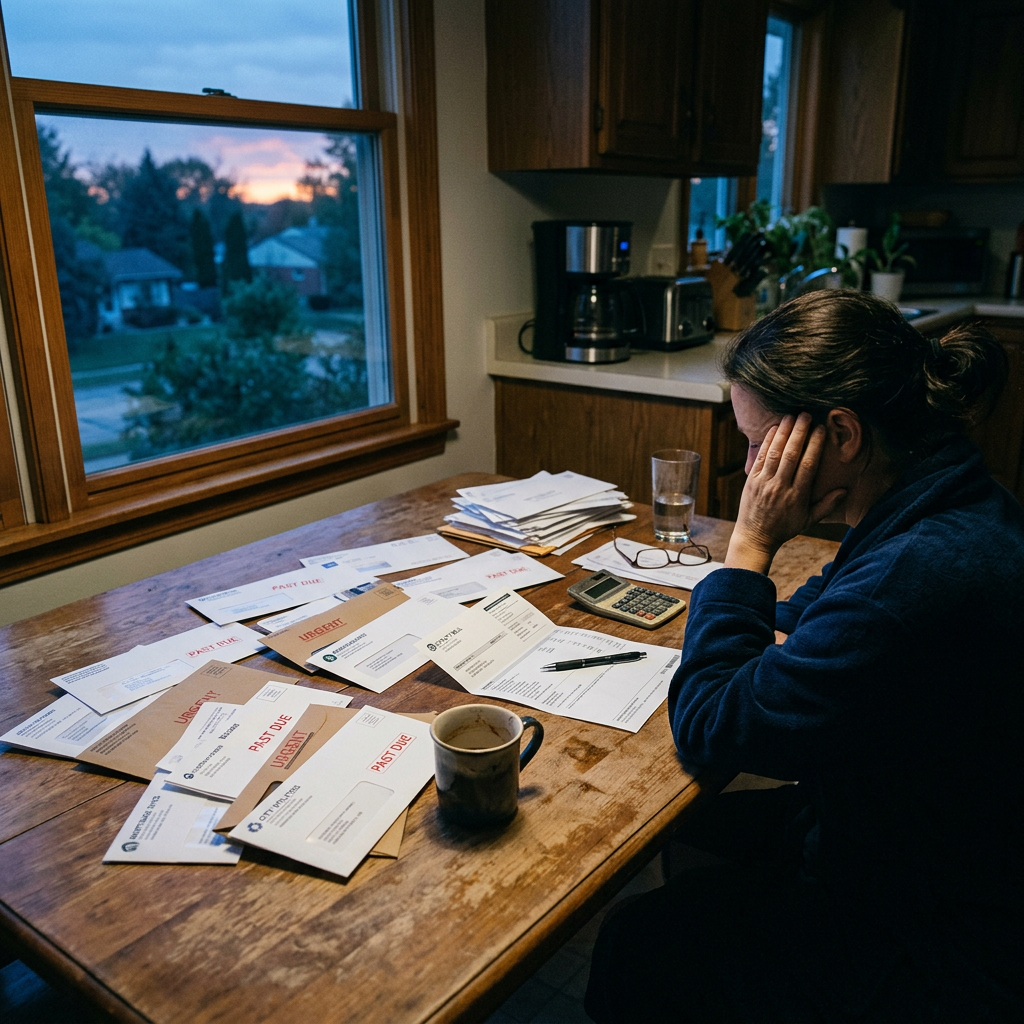 Woman sitting at a kitchen table surrounded by urgent past due bills and a calculator