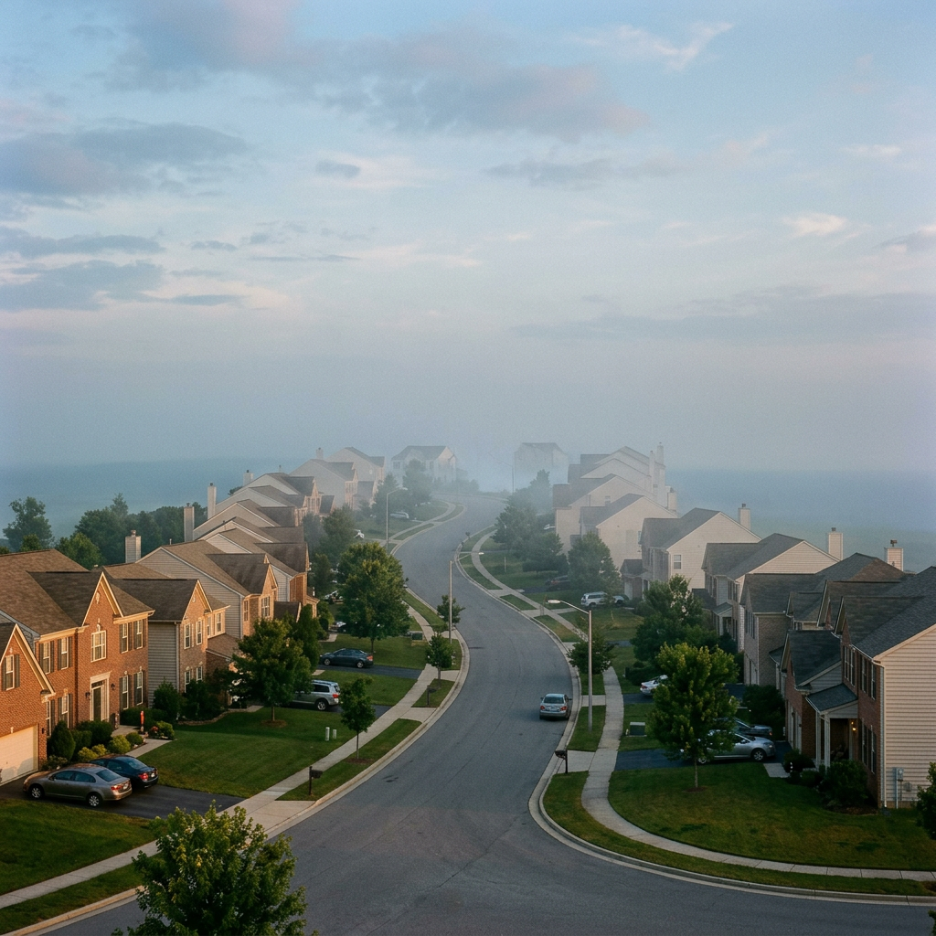 Suburban neighborhood street lined with houses and trees, fading into fog