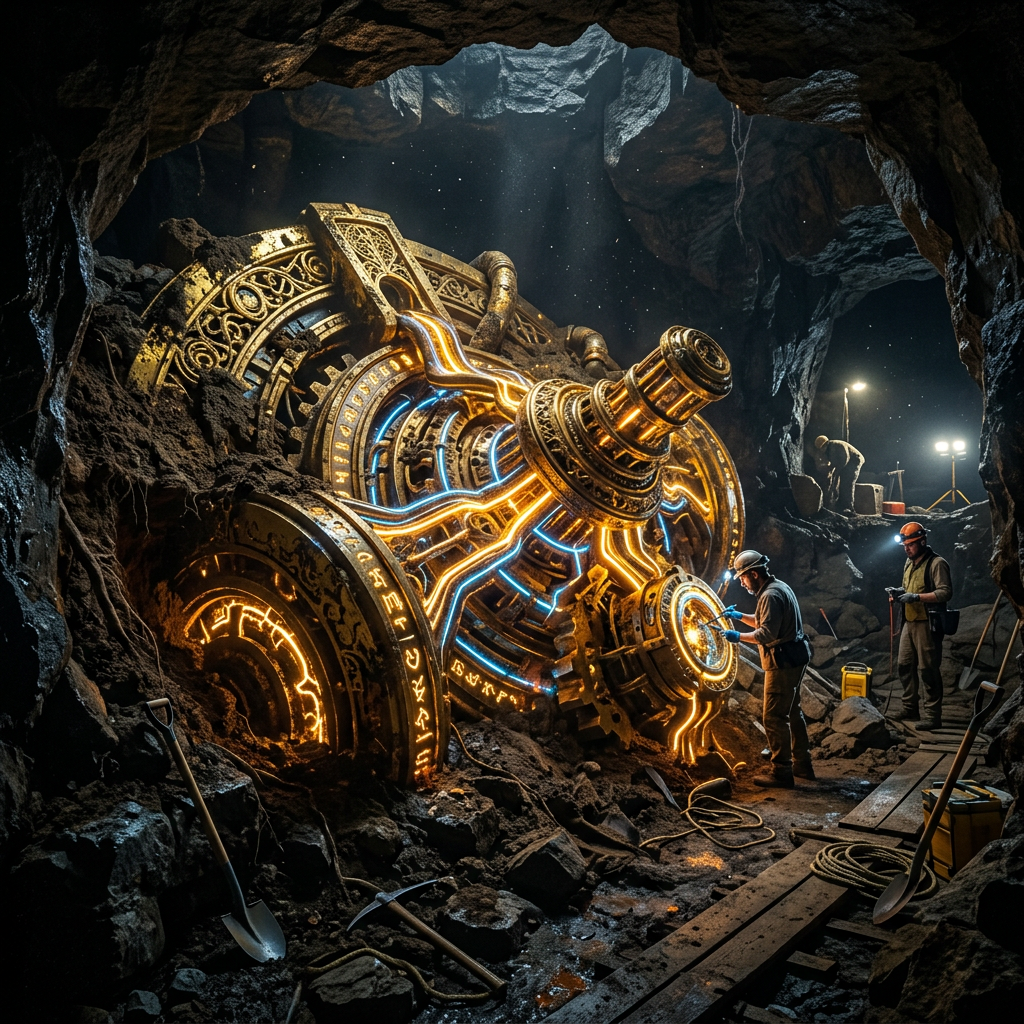 Archaeologists inspecting a large glowing ancient machine with intricate glowing blue and orange patterns in a cave