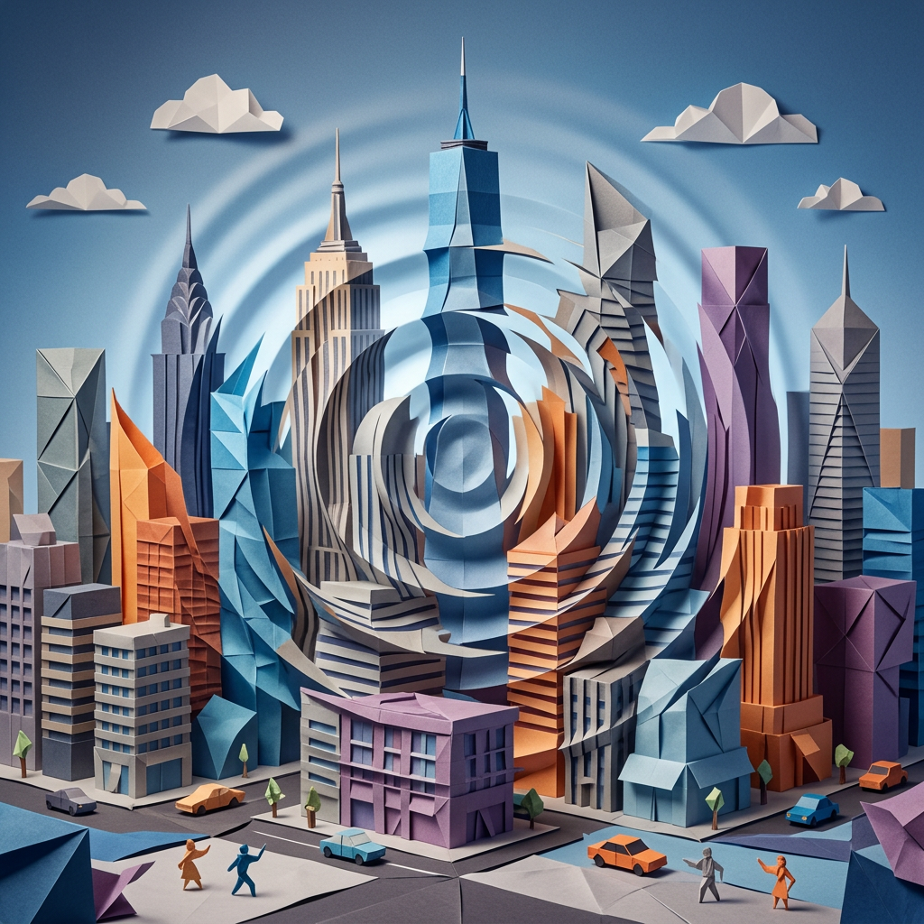 Paper model city with colorful buildings distorted by circular ripple effect
