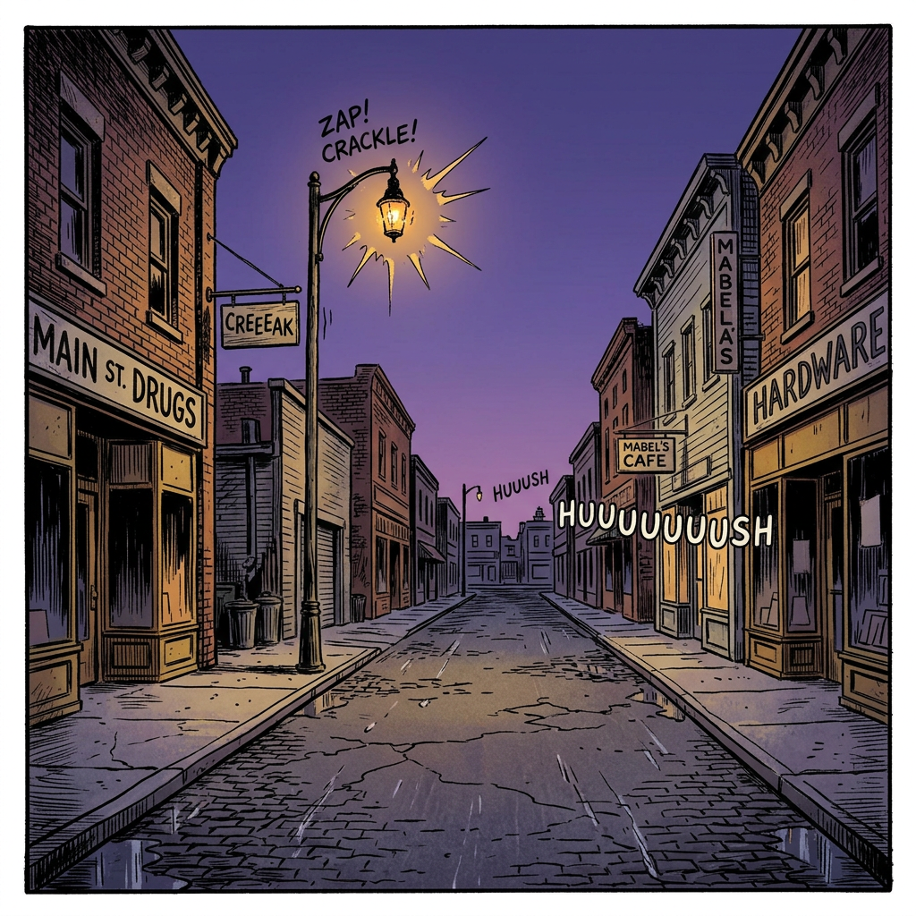 Empty cobblestone street with Main St. Drugs and Mabel's Cafe at dusk