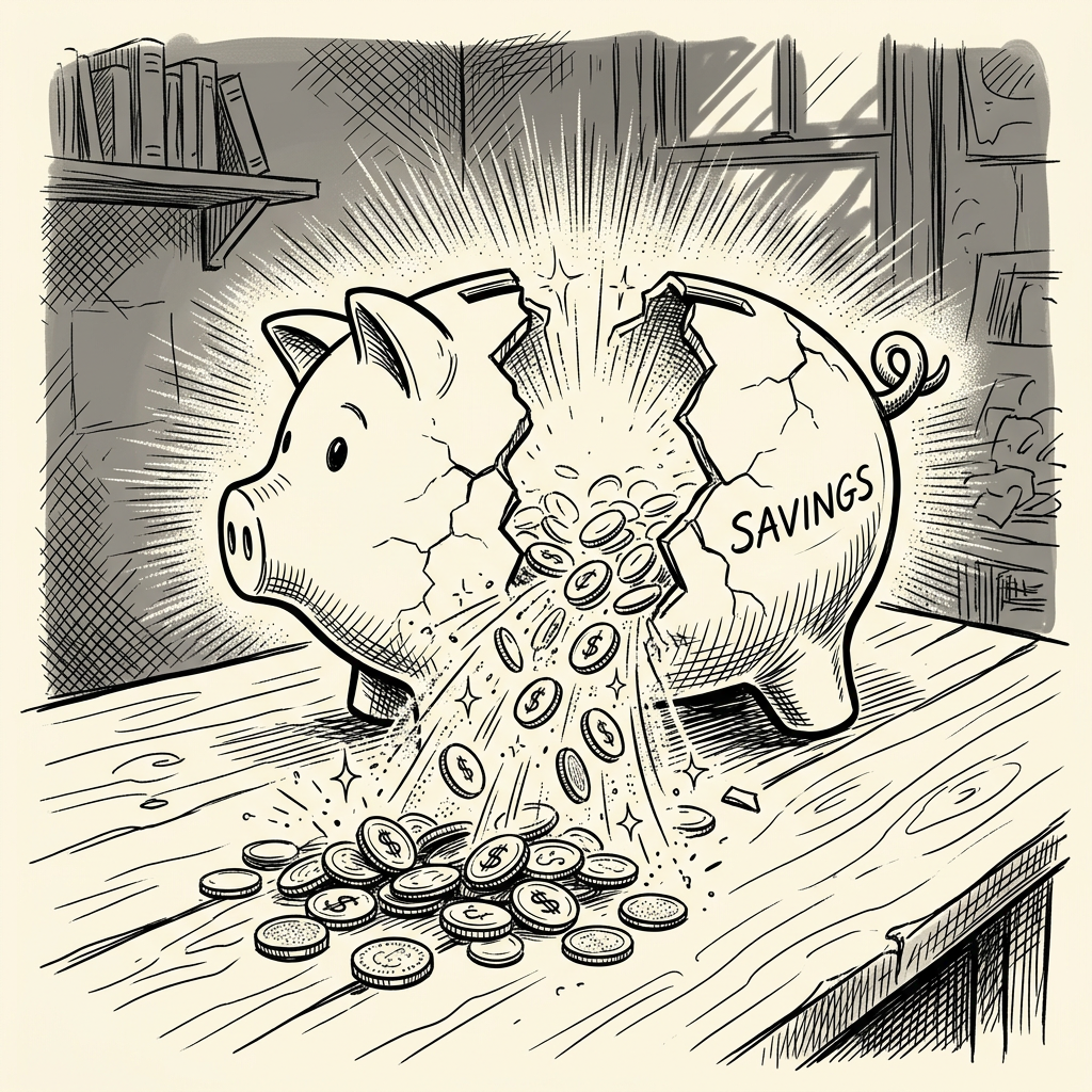 Broken piggy bank labeled savings spilling coins onto table
