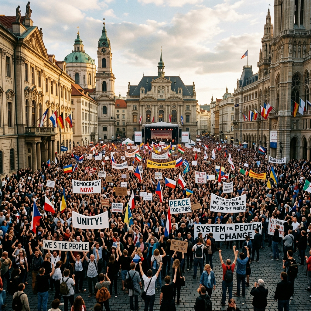 Large crowd holding signs and flags in a city square advocating peace and democracy