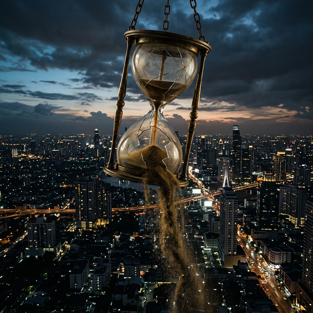 Cracked hourglass suspended over a city skyline with sand pouring out