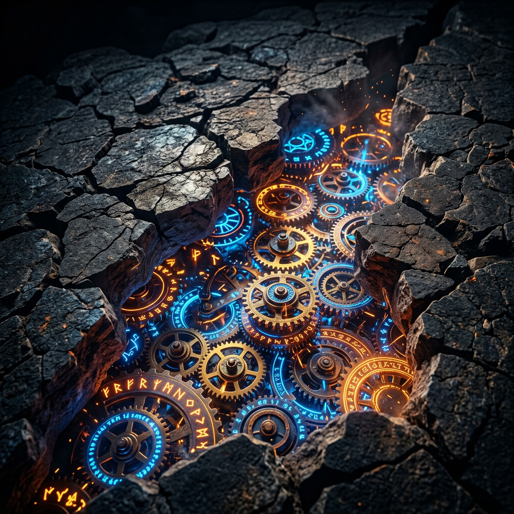 Cracked rocky ground revealing glowing golden and blue gears engraved with mysterious runes