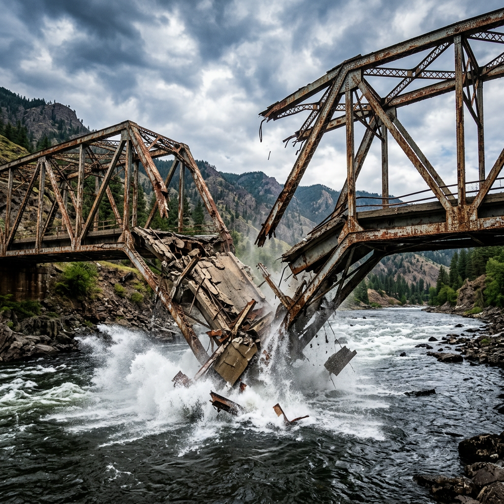 Rusty iron bridge breaking and falling into a flowing river in a mountainous area