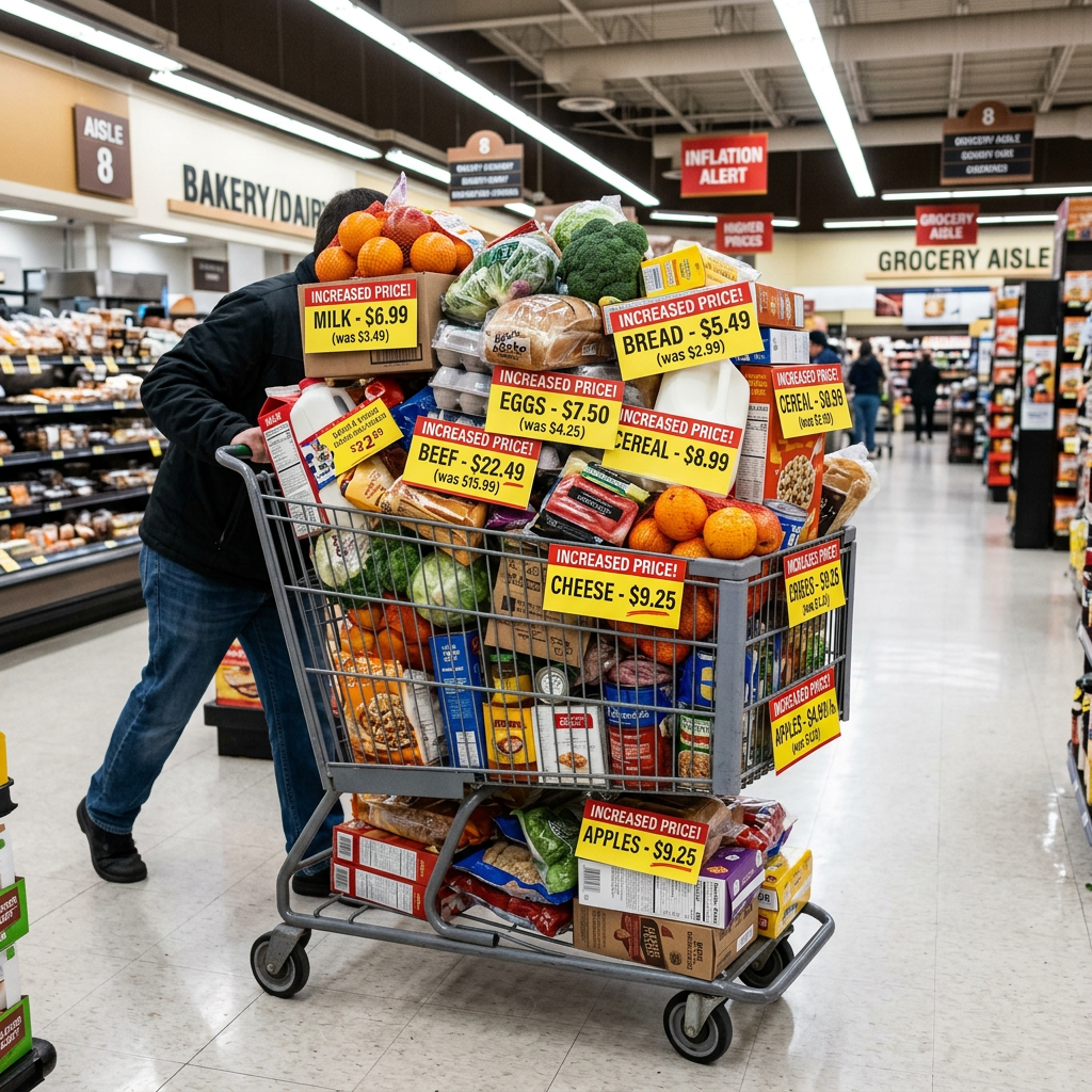 Grocery cart full of food items with signs showing increased prices