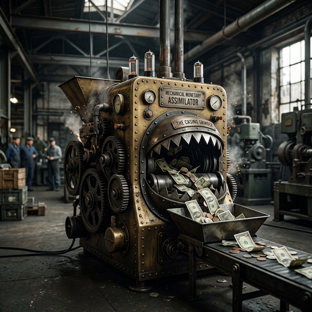 Steampunk machine labeled mechanical monetary assimilator grinding cash into coins