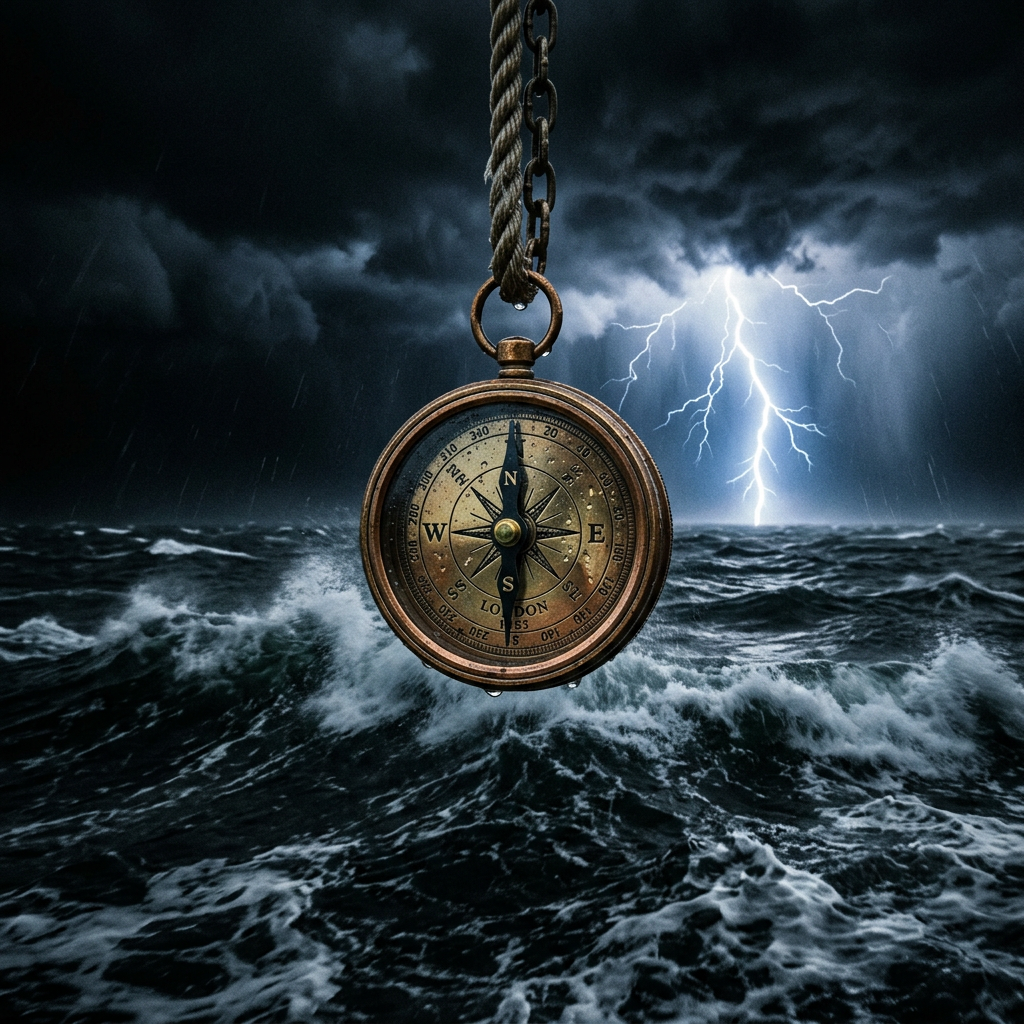 Antique compass hanging on rope above stormy ocean with lightning.