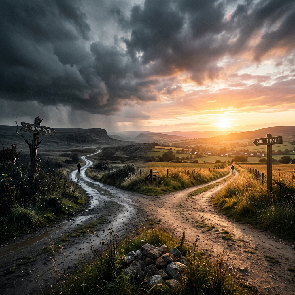 Two diverging paths in countryside labeled Stormy Path and Sunlit Path with walkers