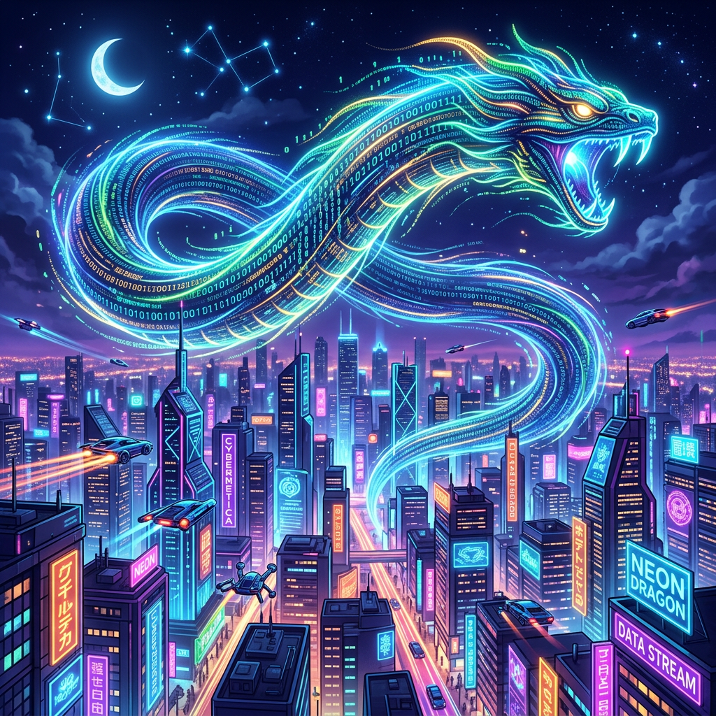 Digital dragon formed from binary code floating above a neon-lit futuristic cityscape at night.