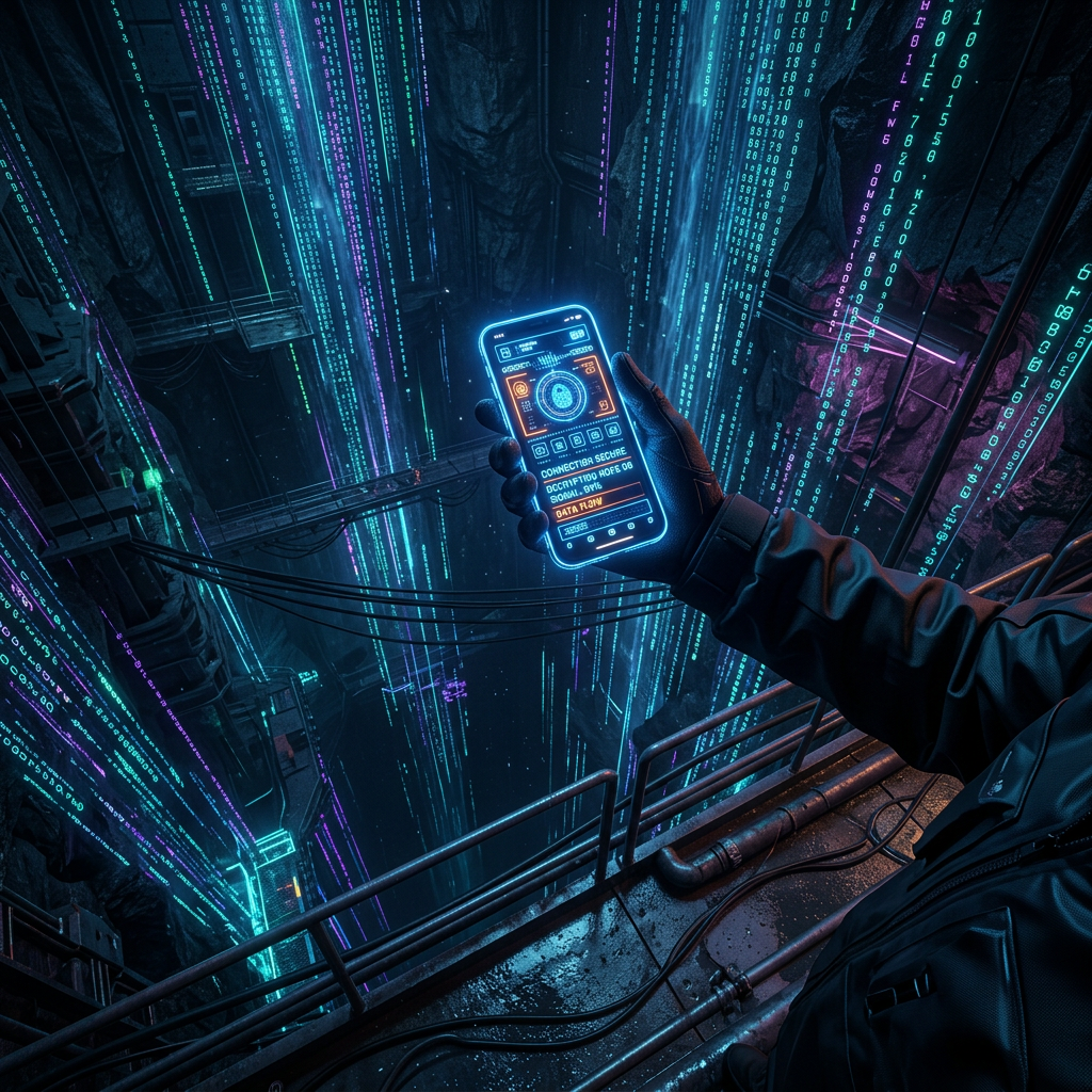 Hand holding glowing smartphone with digital data streams in dark industrial setting