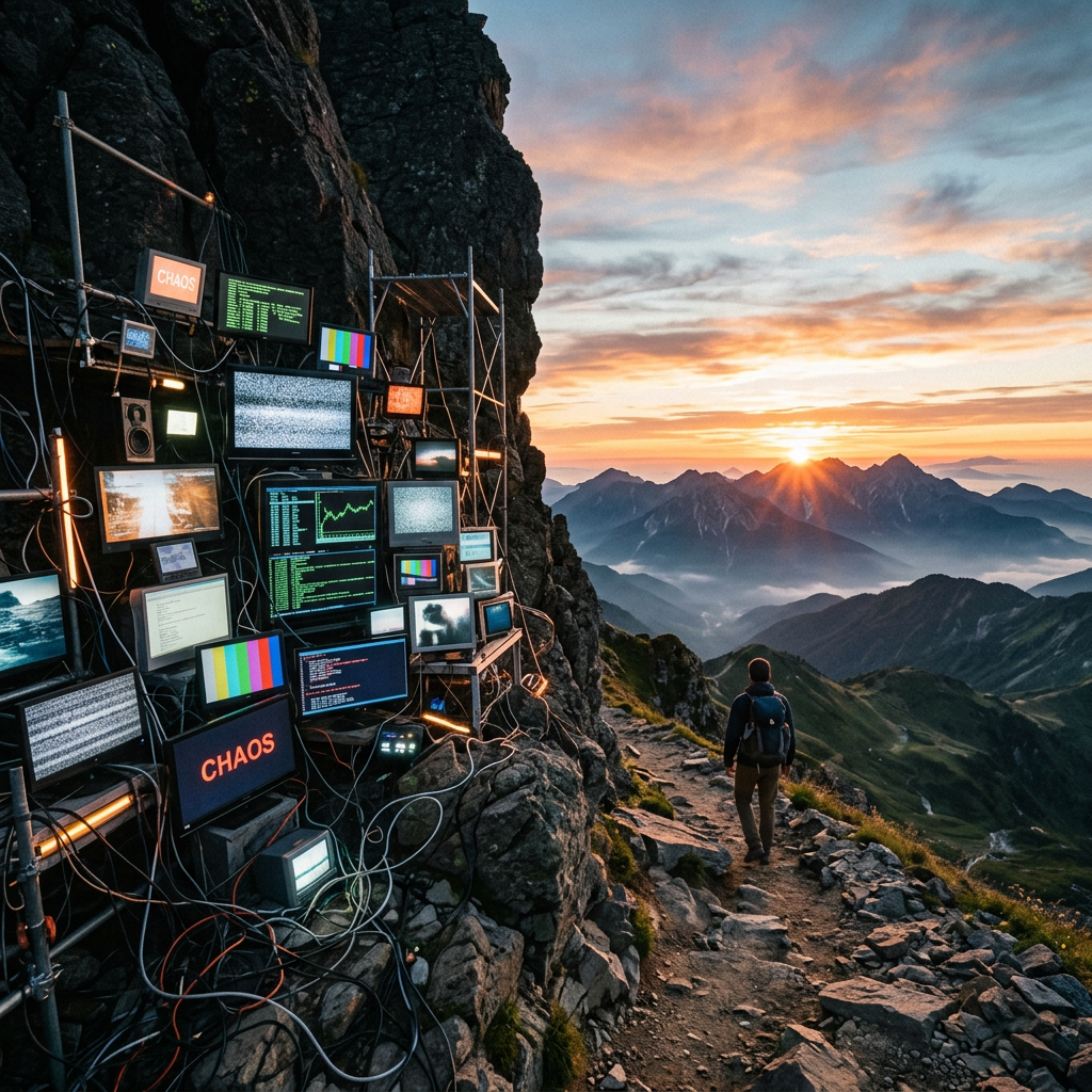 Multiple computer monitors displaying static, code, and the word CHAOS mounted on a rocky cliff beside a mountain path at sunset with a hiker walking.
