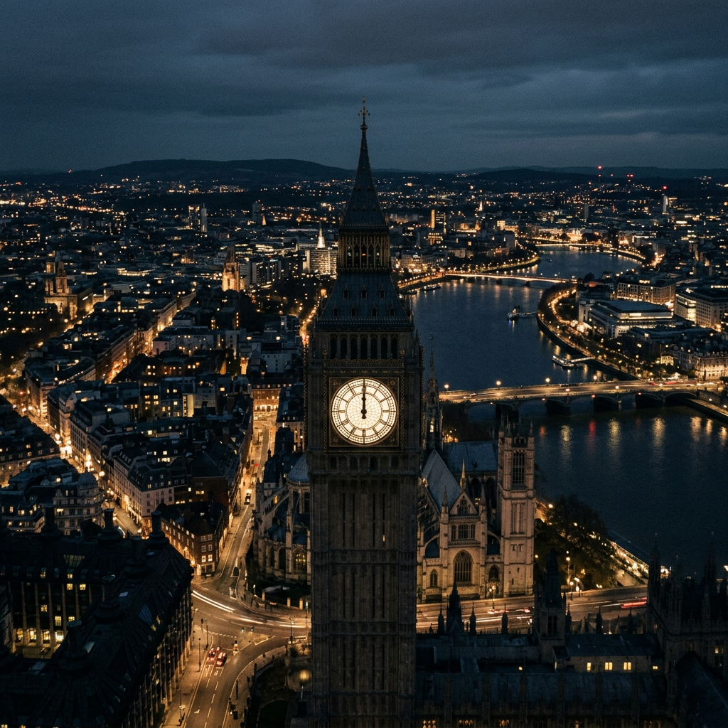 Illuminated Big Ben clock tower at night with city lights and River Thames in background
