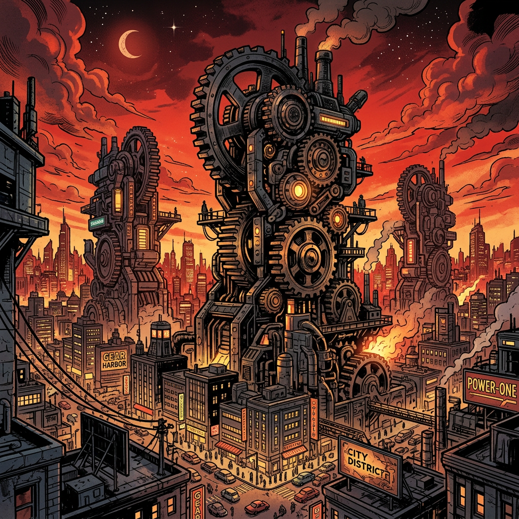 Cityscape with large gear-shaped mechanical towers under a red-orange sunset sky