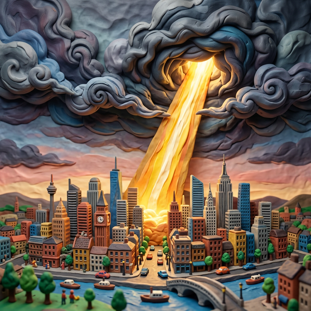 Clay model of a detailed city skyline with a bright beam of light descending from swirling clouds