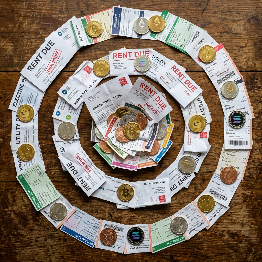 Spiral arrangement of rent and utility bills with Bitcoin, Ethereum, Dogecoin, and other cryptocurrency coins.