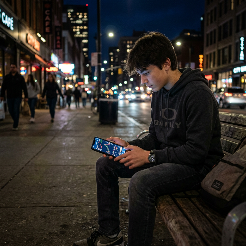 Teenage boy sitting on bench at night looking at stock market app on smartphone