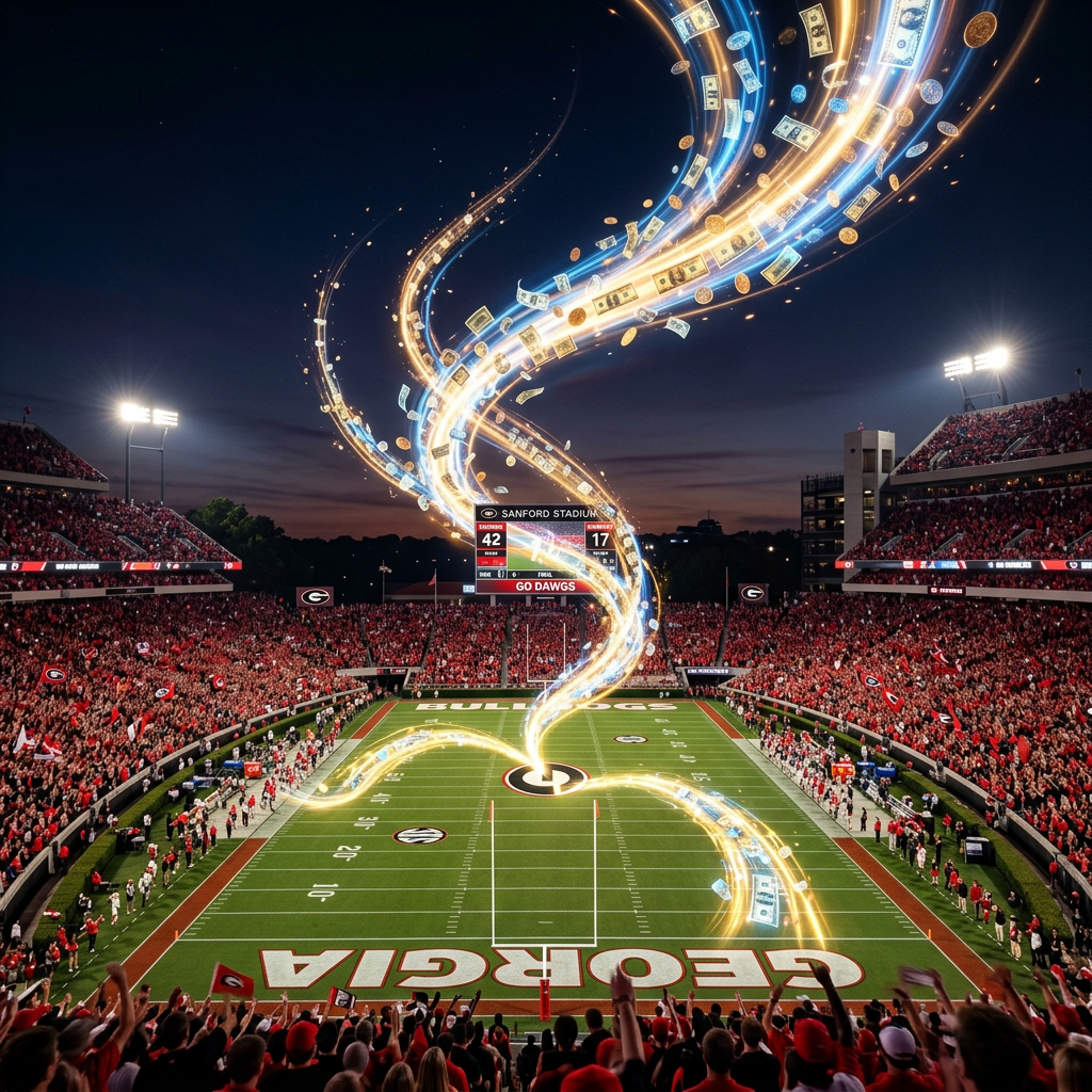 Sanford Stadium filled with cheering fans and swirling streams of dollar bills and coins above the field