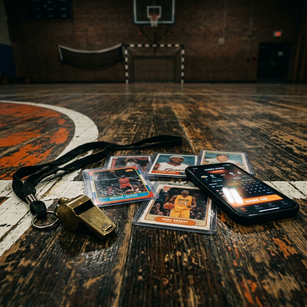 Basketball trading cards, referee whistle, and smartphone with scoreboard app on gym floor