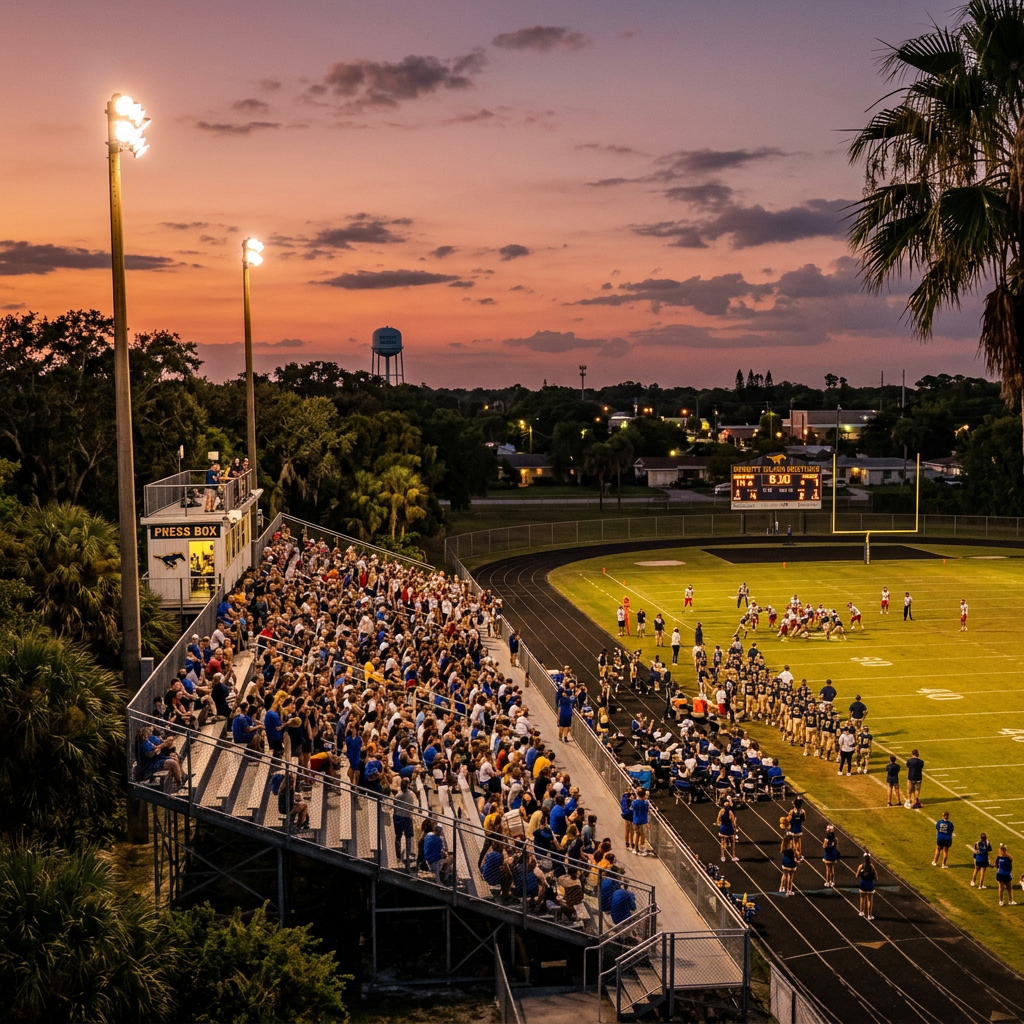 Crowded bleachers watching high school football game under stadium lights at sunset