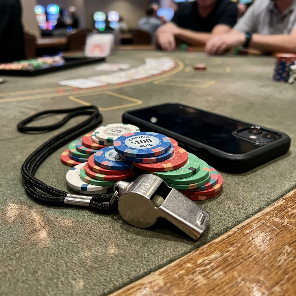 Stack of casino poker chips, dealer whistle, and a smartphone on a poker table