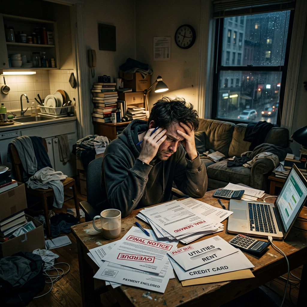 Man sitting at a cluttered table surrounded by past due bills and a laptop, holding his head in stress