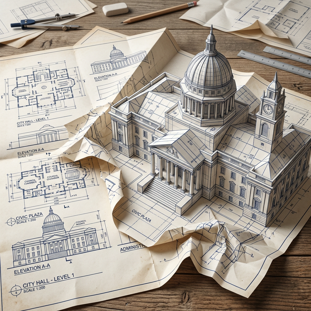 Detailed domed city hall model surrounded by architectural blueprints