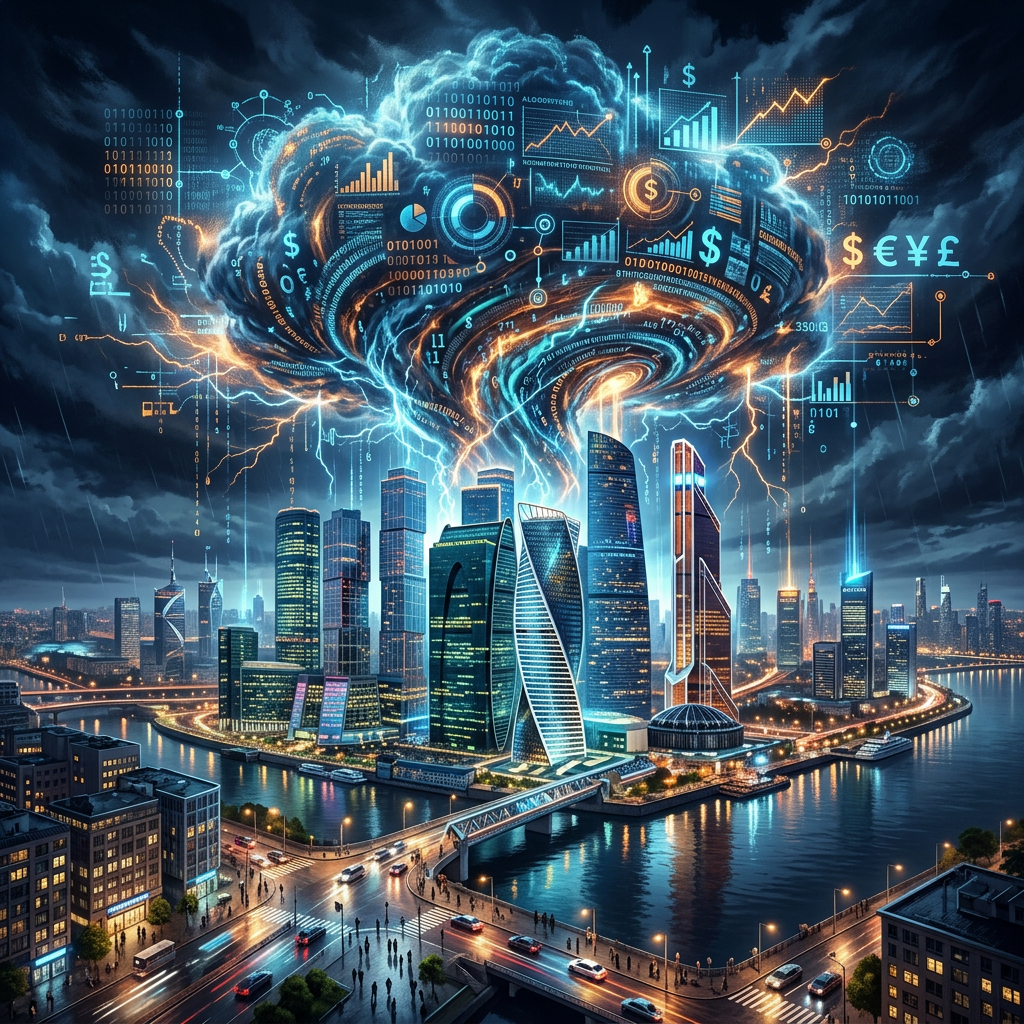 Futuristic waterfront city beneath swirling financial data and lightning