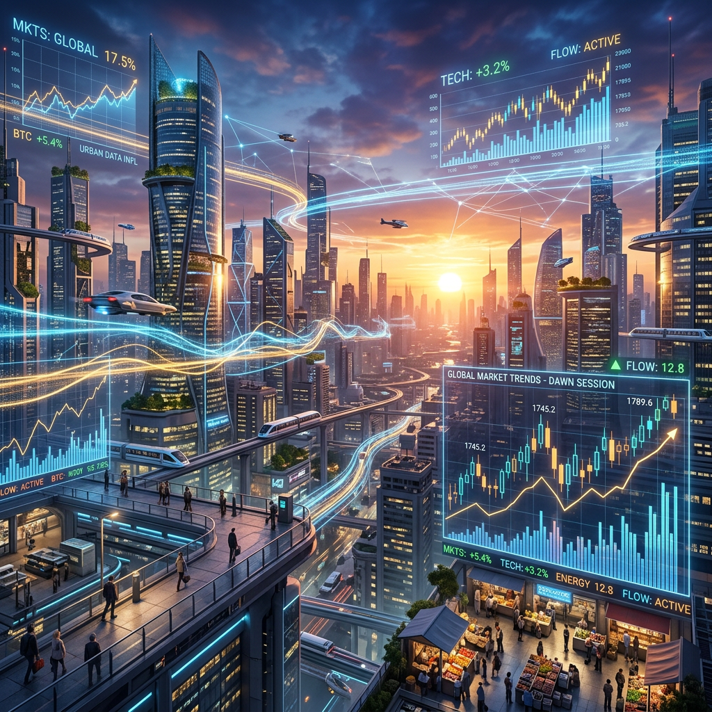 Futuristic city with financial market charts and elevated transit