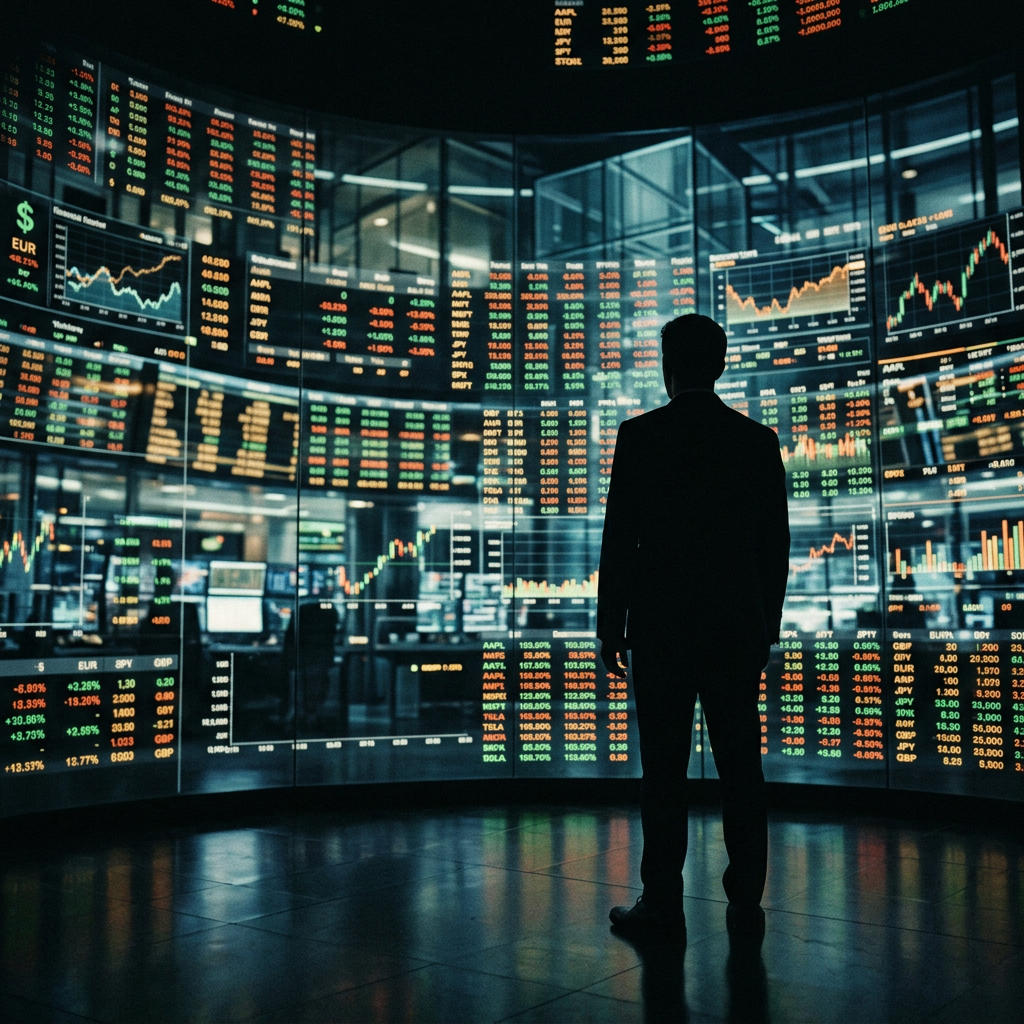 Silhouetted person viewing wall-sized stock market charts and data