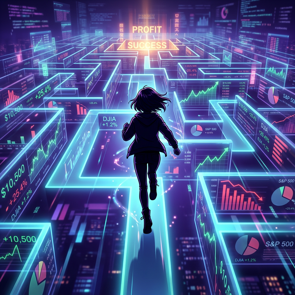 Figure running through financial maze labeled PROFIT and SUCCESS
